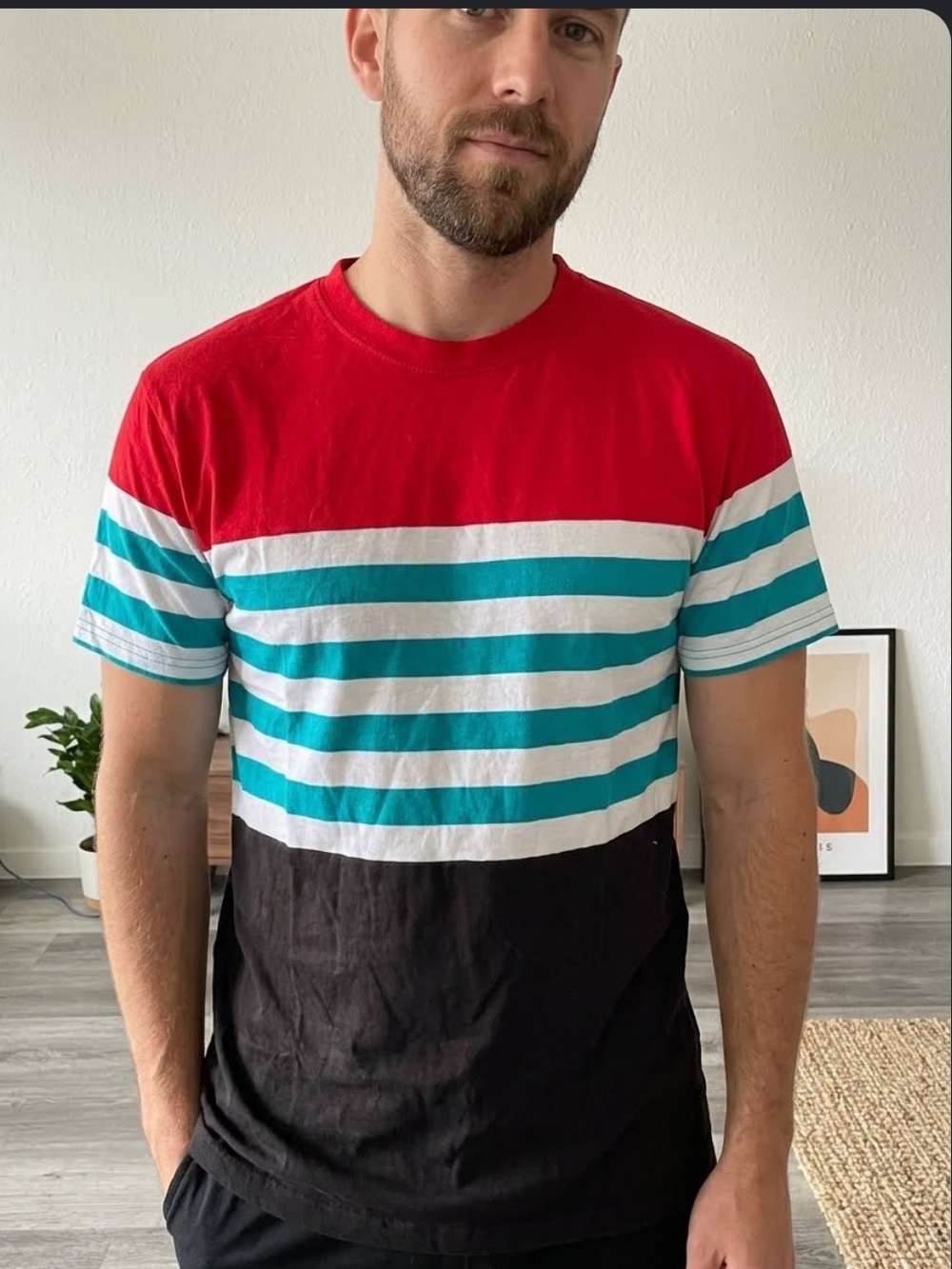 Primark Red, Teal & Black Short Sleeve Striped Crew Tee